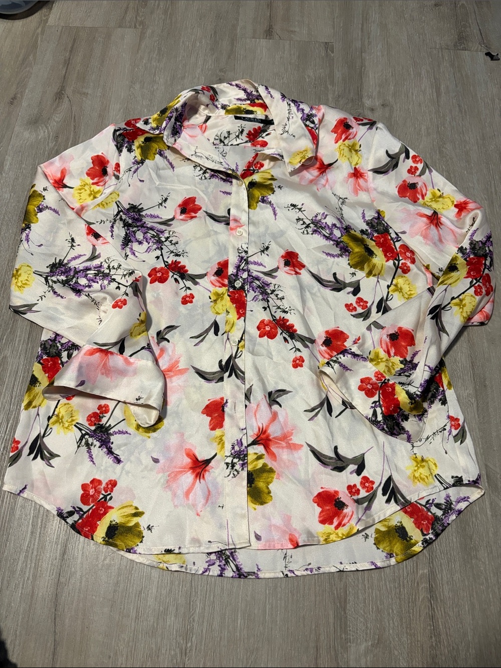 Floral Button-Up Blouse - White with Red, Yellow & Purple Flowers